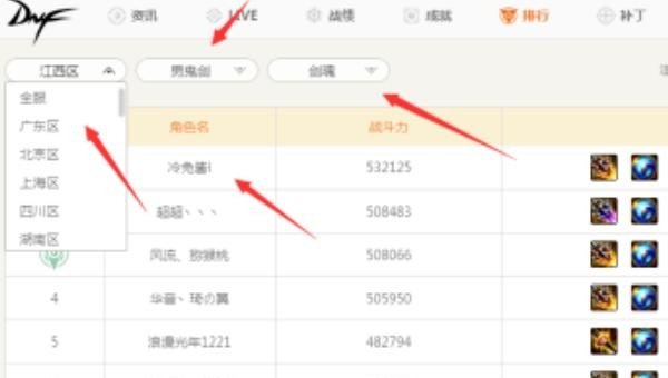 dnf角色熟练度等级列表_dnf（地下城）如何查询各区域战斗力排行榜